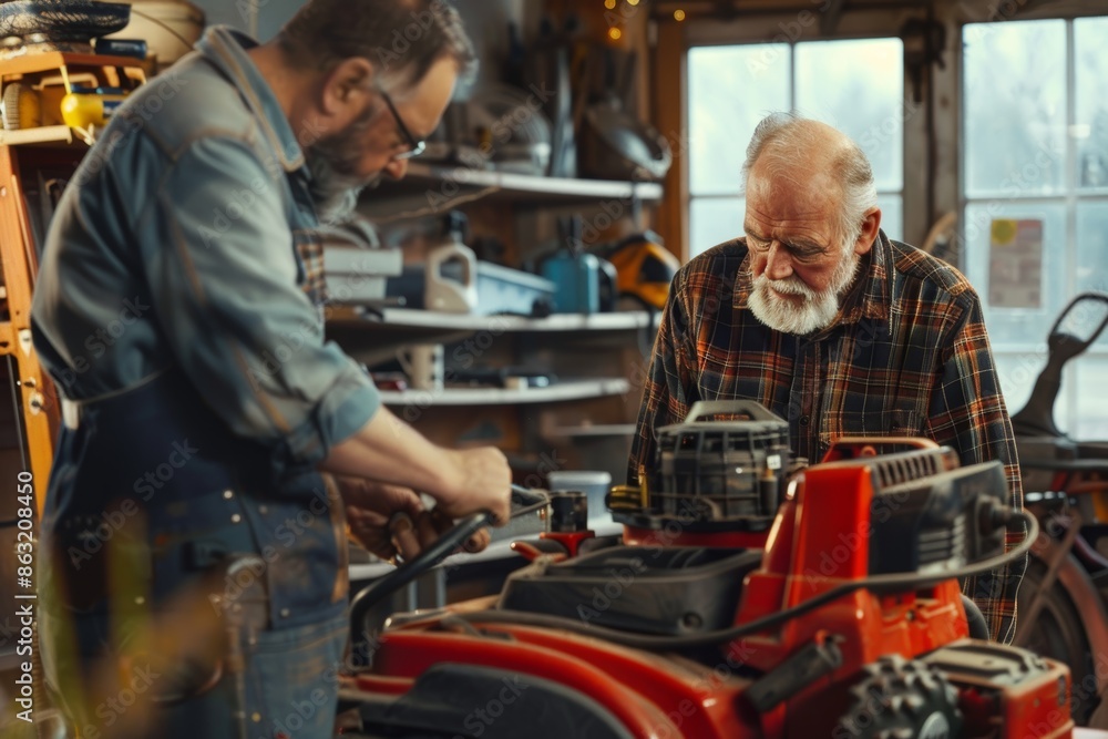 Mechanic Explains Lawn Mower Maintenance to Customer in Workshop Setting Mechanic Explains Lawn Mower Maintenance to Customer in Workshop Setting