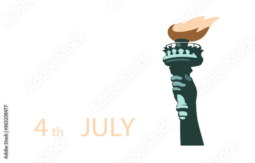 Hand with torch of Statue of Liberty, symbol of America, New York, banner, advertisement. Statue of Liberty. July 4, USA Independence Day. Green design, presentations, holiday. Vector illustration