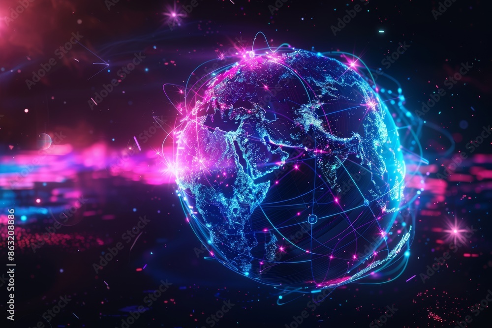Obraz premium Glow-in-the-dark globe depicting global connectivity and digital technology.