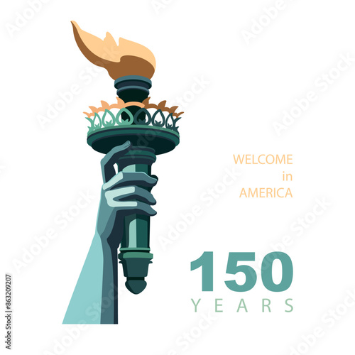 Hand with torch of statue of liberty, New York symbol, banner, advertisement. Statue of Liberty monument. Welcome to America on the 4th of July. Green design, magazine. USA holiday.Vector illustration
