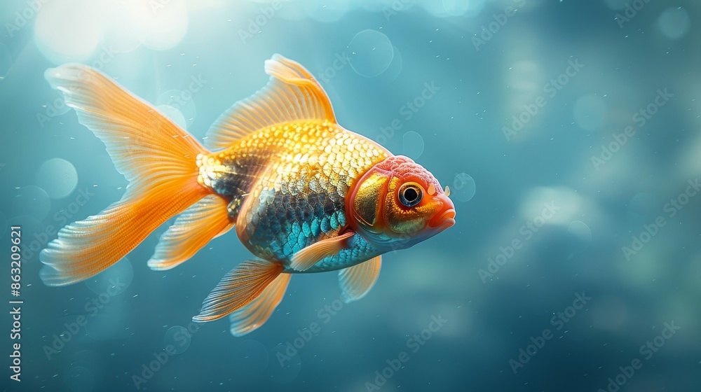 With copy space, there is a colorful goldfish swimming on a solid aqua background With copy space, there is a colorful goldfish swimming on a solid aqua background