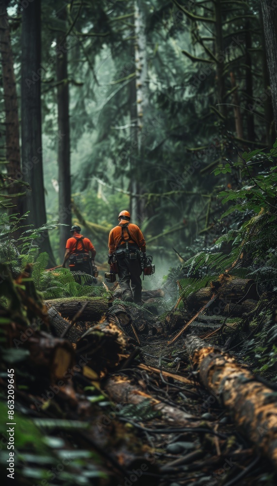 Professional Logging Team at Work in Dense Forest Using Chainsaws for Efficient Tree Felling and Logging Professional Logging Team at Work in Dense Forest Using Chainsaws for Efficient Tree Felling and Logging