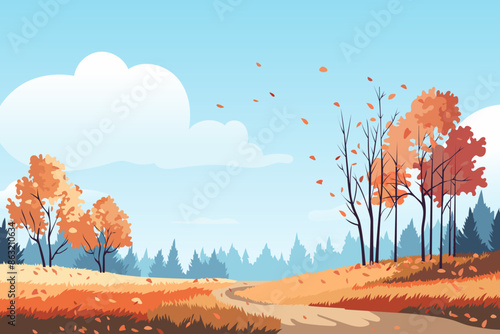 Road in the autumn forest. Landscape of an autumn park or forest with beautiful trees, flying leaves, road, grass against the background of the sky and clouds. Autumn season. Nature vector illustratio