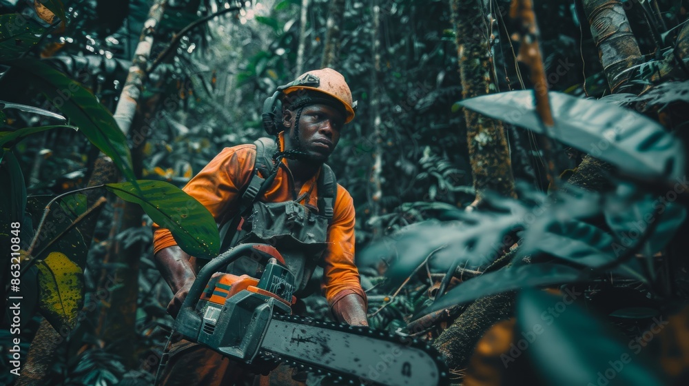 Adventurous Explorer Using Chainsaw in Dense Green Jungle for Rugged Outdoor Journey and Path Clearing