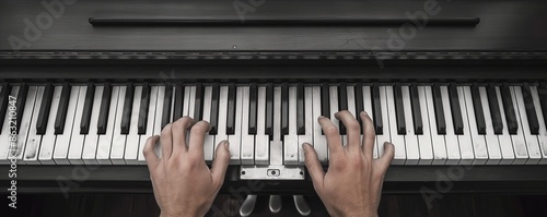 An image from the top view showing hands playing an old, worn-out piano keyboard. The scene highlights the keys' wear and tear, indicating consistent use and musical history. photo