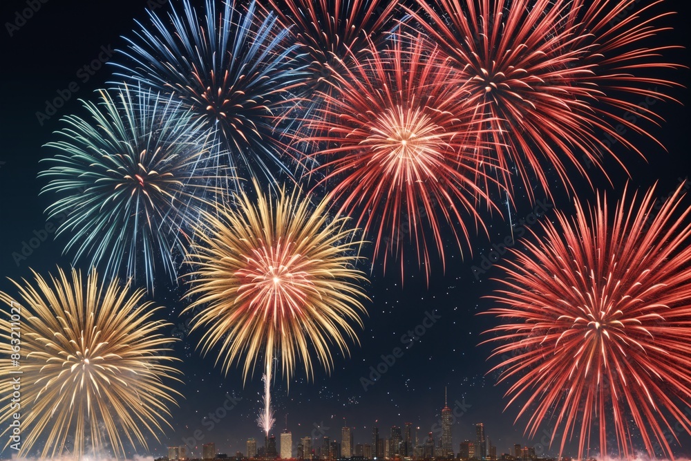 Naklejka premium Fireworks exploding in red white at night