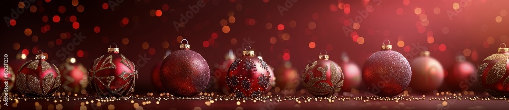 Red And Gold Christmas Ornaments On A Red Background With Bokeh Lights Red And Gold Christmas Ornaments On A Red Background With Bokeh Lights