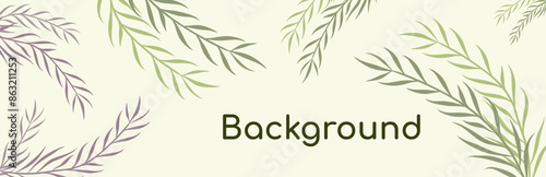 Horizontal Border with branches green and purple herbs. Vector banner with green tropical leaves. Design frame for decoration of medical articles and websites, print, postcards, covers, posters.