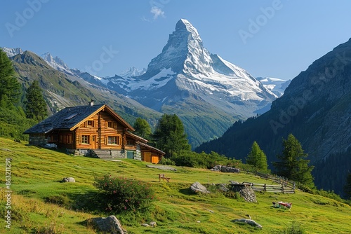 A picturesque Swiss village nestled in the mountains, with chalets, snow-covered peaks, and green meadows.
