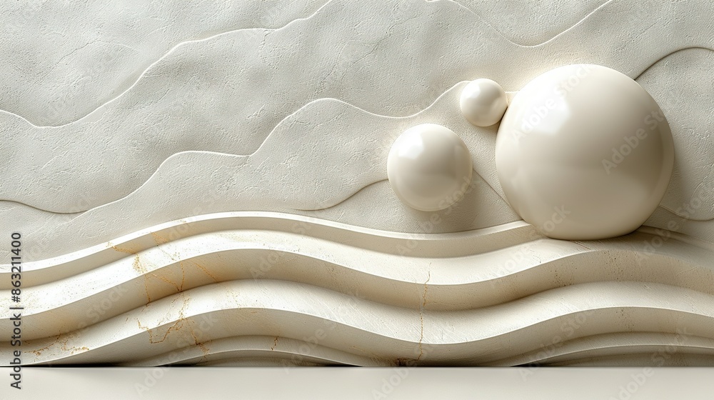 A photo of a detailed sculpture depicting a wave, featuring two white balls atop one of its sides A photo of a detailed sculpture depicting a wave, featuring two white balls atop one of its sides