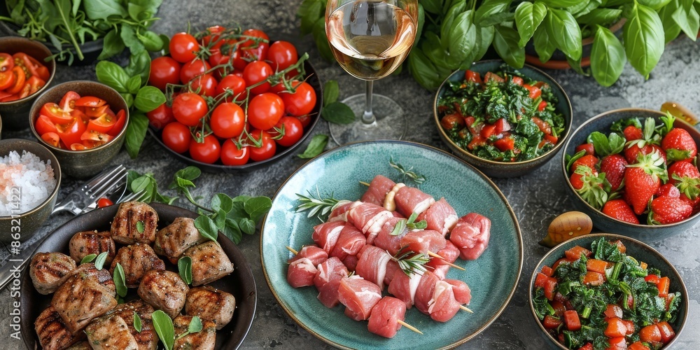Food for US Summer Patriotic Holidays. A gourmet spread of Mediterranean cuisine featuring grilled meats, fresh tomatoes, greens, and a glass of white wine, perfect for a healthy, flavorful meal. Food for US Summer Patriotic Holidays. A gourmet spread of Mediterranean cuisine featuring grilled meats, fresh tomatoes, greens, and a glass of white wine, perfect for a healthy, flavorful meal.