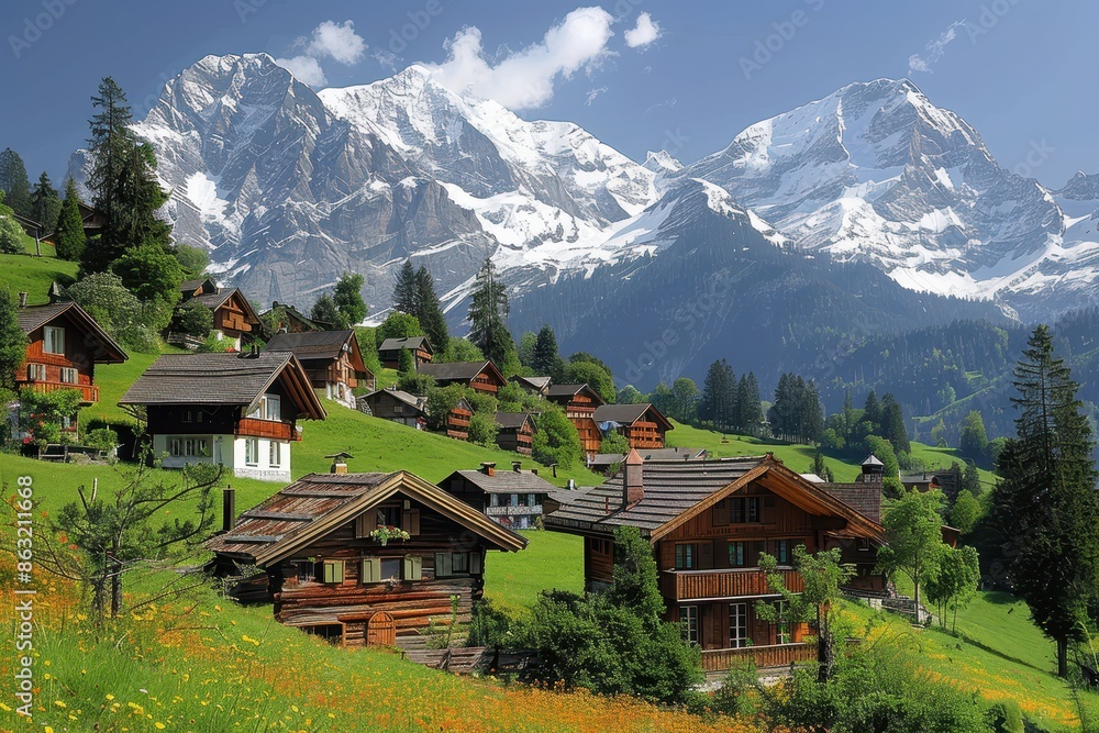 A picturesque Swiss village nestled in the mountains, with chalets, snow-covered peaks, and green meadows. A picturesque Swiss village nestled in the mountains, with chalets, snow-covered peaks, and green meadows.