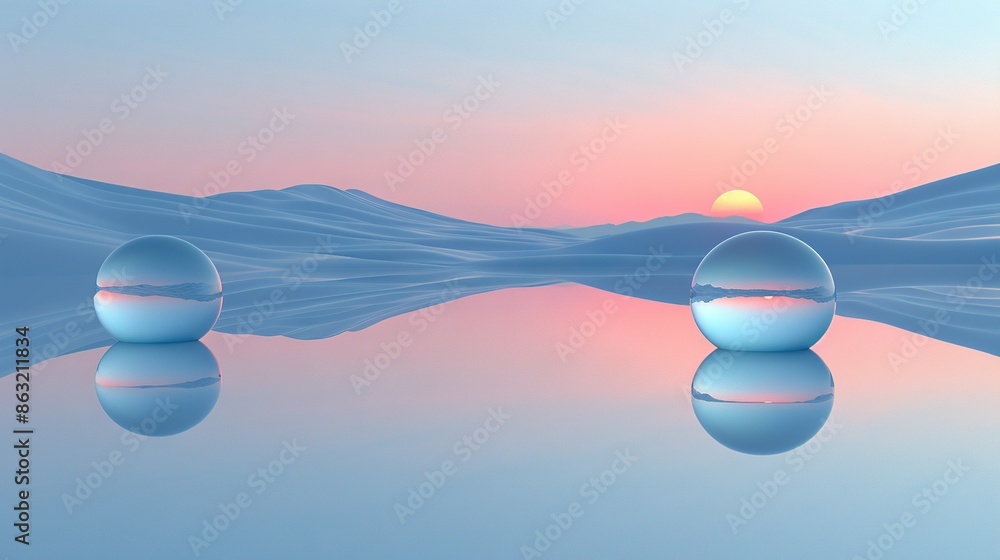 a serene sunset over a tranquil body of water, featuring two prominent eggs in the foreground and majestic mountains in the backdrop a serene sunset over a tranquil body of water, featuring two prominent eggs in the foreground and majestic mountains in the backdrop