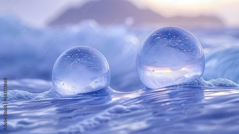 A few bubbles bob on a lake beside a mountain A few bubbles bob on a lake beside a mountain