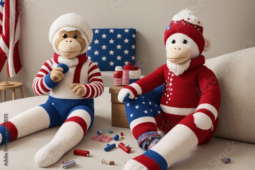 Fourth of July themed sock monkey on white surface photo