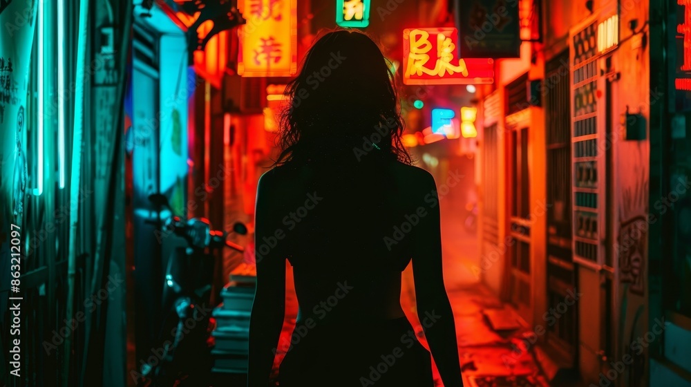 Sulhouette Woman Walking in Neon-Lit Urban Alley at Night. Danger and mystery Sulhouette Woman Walking in Neon-Lit Urban Alley at Night. Danger and mystery