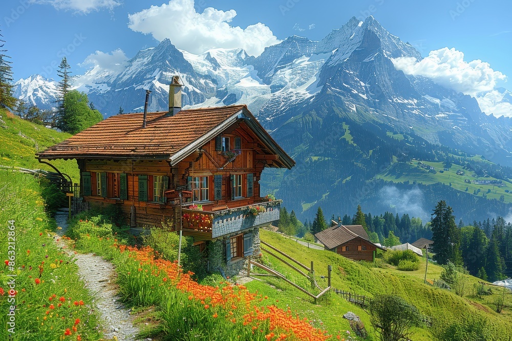 A picturesque Swiss village nestled in the mountains, with chalets, snow-covered peaks, and green meadows. A picturesque Swiss village nestled in the mountains, with chalets, snow-covered peaks, and green meadows.