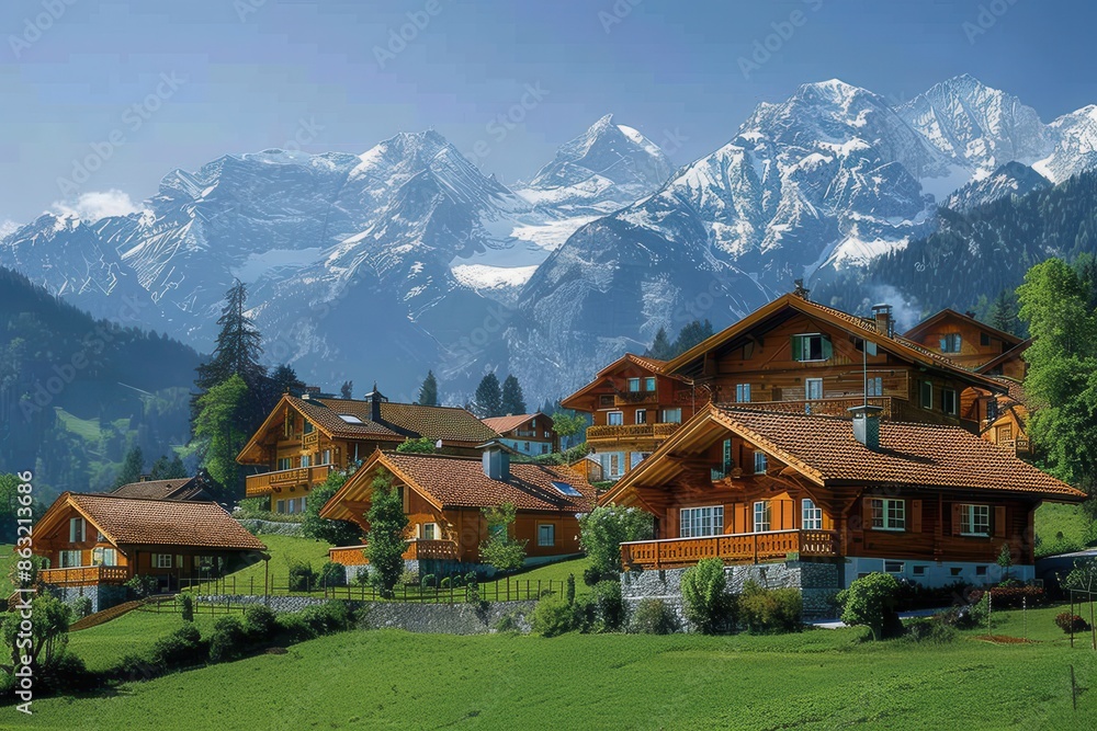 A picturesque Swiss village nestled in the mountains, with chalets, snow-covered peaks, and green meadows. A picturesque Swiss village nestled in the mountains, with chalets, snow-covered peaks, and green meadows.
