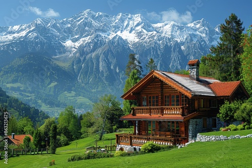 A picturesque Swiss village nestled in the mountains, with chalets, snow-covered peaks, and green meadows.