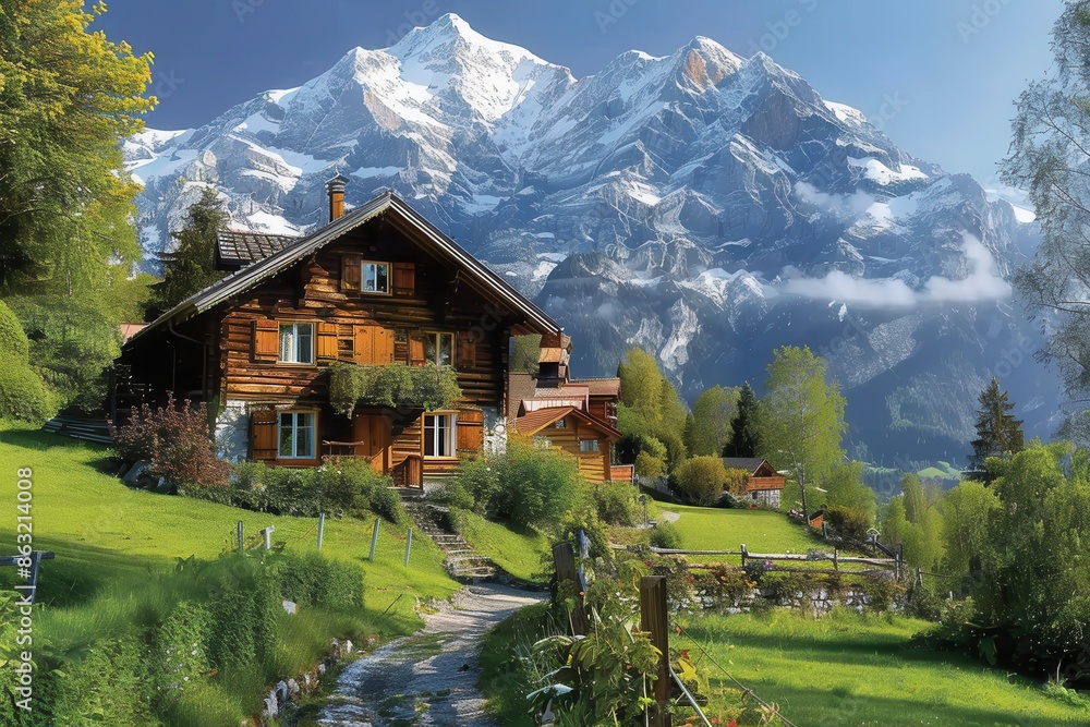 A picturesque Swiss village nestled in the mountains, with chalets, snow-covered peaks, and green meadows. A picturesque Swiss village nestled in the mountains, with chalets, snow-covered peaks, and green meadows.