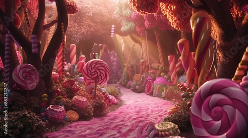 Create a realistic 3D rendering of a magical candy land.