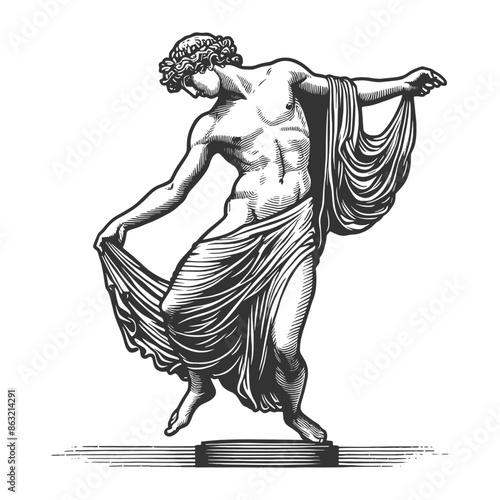 Greek statue depicting a male figure in a dance pose, classical art and elegance sketch engraving generative ai fictional character vector illustration. Scratch board imitation. Black and white image.