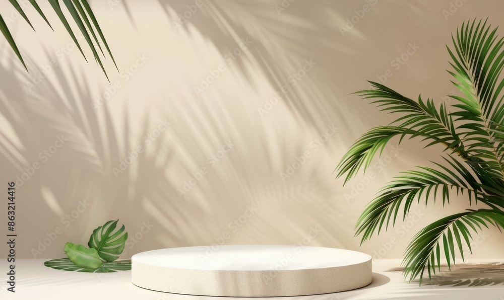 The background of the rendering shows a monstera leaf at the bottom of the podium The background of the rendering shows a monstera leaf at the bottom of the podium