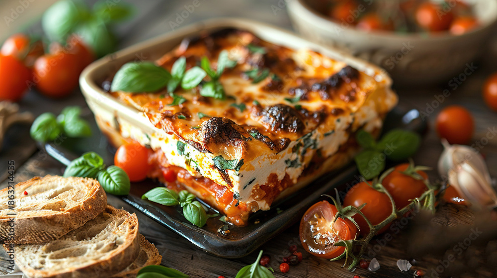   A close-up of a casserole on a plate, accompanied by bread, tomatoes, and basil