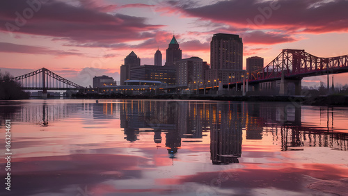Detroit skyline at sunset, reflecting on the tranquil waters of the Detroit River front. Generative ai.