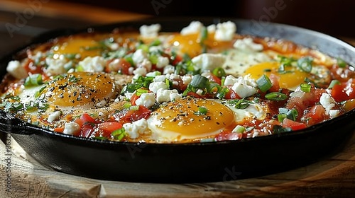  Close-up of an egg-topped tomato and cheese-covered wooden table