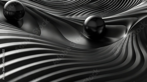  A black-and-white image depicting a curved surface and two spheres positioned centrally Another monochromatic photo featuring a single sphere in the center