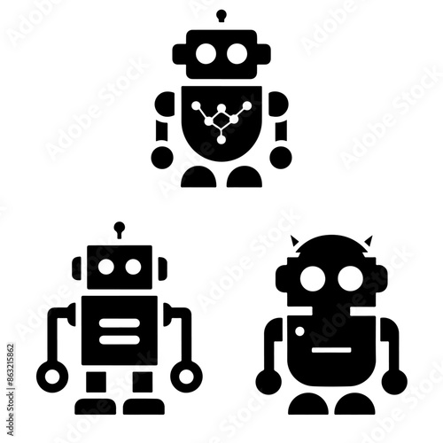 Black android robot icon on white background. Set of vector pictograms