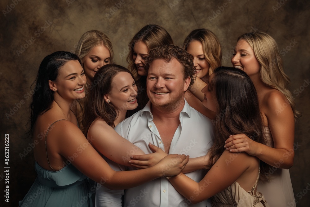 Obraz premium A man is embraced lovingly by a group of eight women, all smiling and showing affection, representing themes of love, friendship, and the joy of human connection in a warm environment.