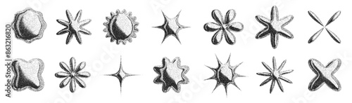 3d brutalist shapes and stars with stipple dots photocopy effect. Abstract retro y2k geometric futuristic icons. Vector illustration for grunge banner or music cover poster