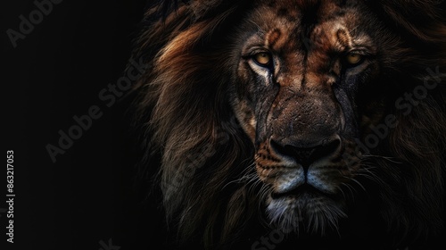 Dark lion portrait with empty space