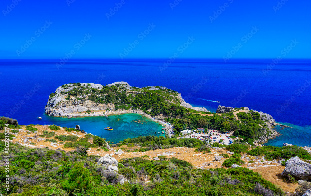 Anthony Quinn Bay - beautiful coast scenery with paradise beach on Rhodos island - travel destination in Greece, Europe