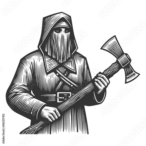  Grim Reaper executioner with Axe sketch engraving generative ai fictional character vector illustration. Scratch board imitation. Black and white image.