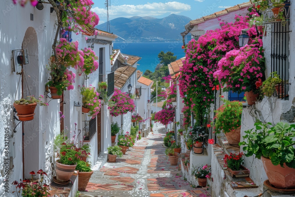 Fototapeta premium A picturesque village in the Mediterranean, with narrow streets, white-washed buildings, and blooming flowers. 