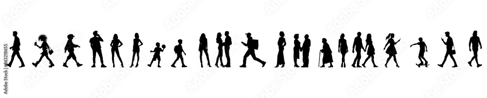 Obraz premium vector illustration. silhouettes of people walking along the street. Large set of characters of different ages. 