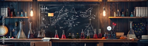 Science blackboard with math. Real physical equations of relativity theory, string theory and quantum mechanics. AI generated illustration