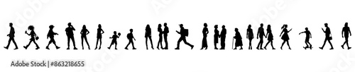vector illustration. silhouettes of people walking along the street. Large set of characters of different ages. 