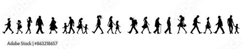 vector illustration. silhouettes of people walking along the street. Large set of characters of different ages.	