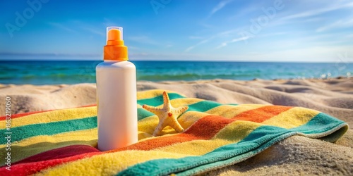 A deserted beach scene with a sunscreen bottle and moisturizing lotion laid out on a colorful towel, emphasizing sun protection and skin care. photo