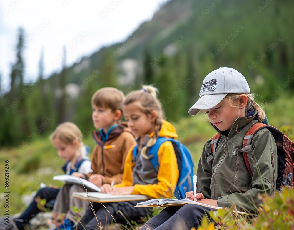 a group of four children sitting on top of a grass covered field, They are writing in books, generative ai a group of four children sitting on top of a grass covered field, They are writing in books, generative ai