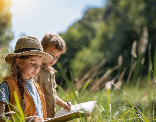  A group of children on a field trip in nature, in their hands holding notebooks and pens. generative ai photo