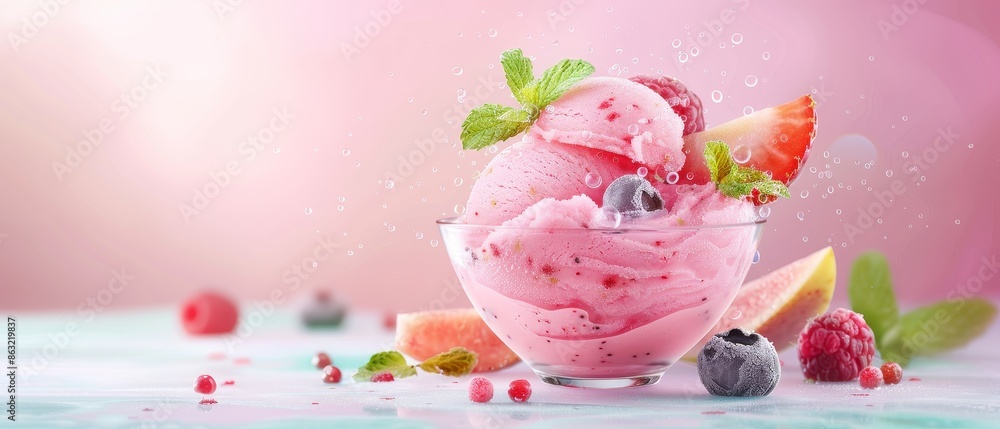 Delicious strawberry and berry ice cream in a glass bowl with fresh mint leaves and fruits, perfect summer dessert. Delicious strawberry and berry ice cream in a glass bowl with fresh mint leaves and fruits, perfect summer dessert.