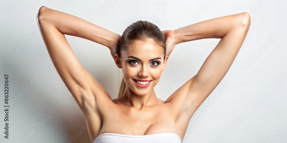 Obraz premium Armpit epilation, lacer hair removal. Young woman showing clean underarms and holding her arms up, depilation smooth clear skin.