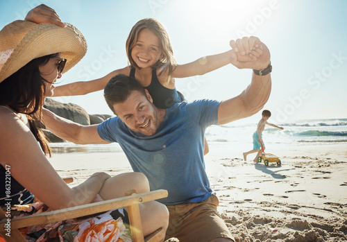 Photography Father, girl and piggy back at beach, vacation and portrait in summer, excited or happy for bonding