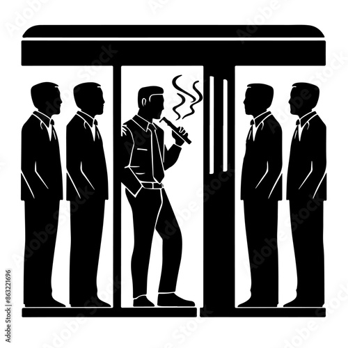 A man smokes a vape at a bus stop, other people look at him judgmentally. Vector silhouette image