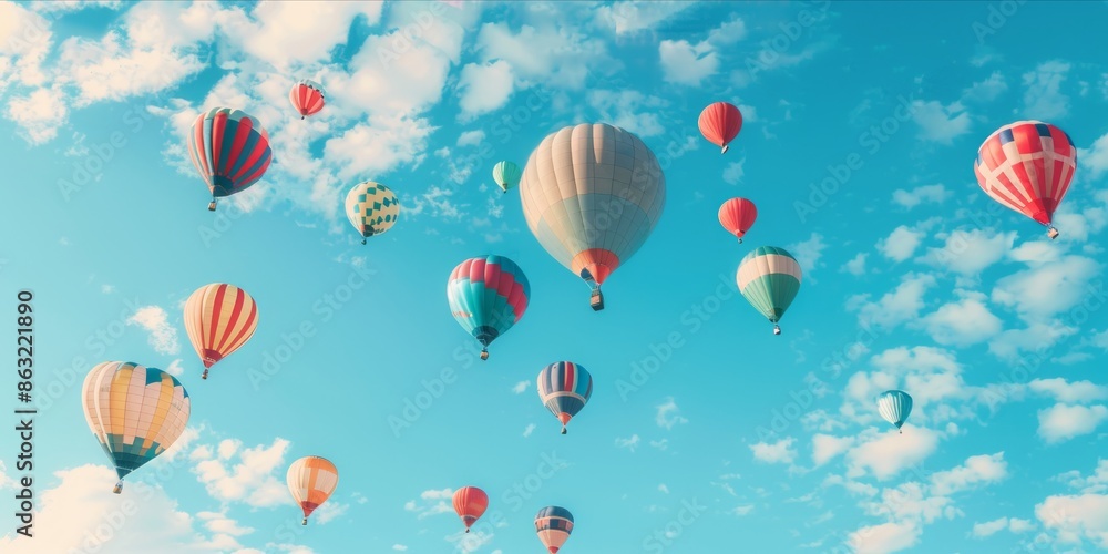 Colorful hot air big balloons floating gracefully in a clear sky. Colorful hot air big balloons floating gracefully in a clear sky.